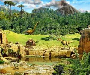 Puzzle Αρκετά δεινόσαυροι με ένα ηφαίστειο ξεσπάσει στο παρασκήνιο